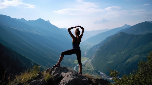 Una silueta de niña haciendo yoga en un paisaje montañoso AI generativa