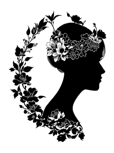 Silueta de niña mujer con flores para el logo del salón de belleza o para el fondo de la invitación de boda