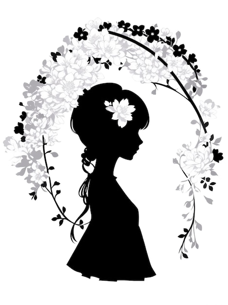 Silueta de niña mujer con flores para el logo del salón de belleza o para el fondo de la invitación de boda