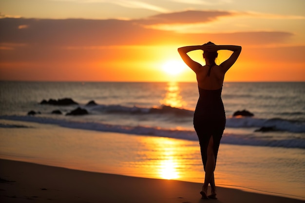 Silueta de una niña de pie contra el fondo de una puesta de sol en el mar IA generativa