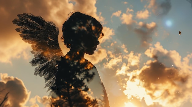 Foto silueta de niño con alas en doble exposición de nubes