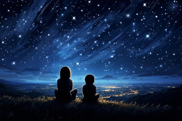 Foto una silueta de un niño y un cielo estrellado