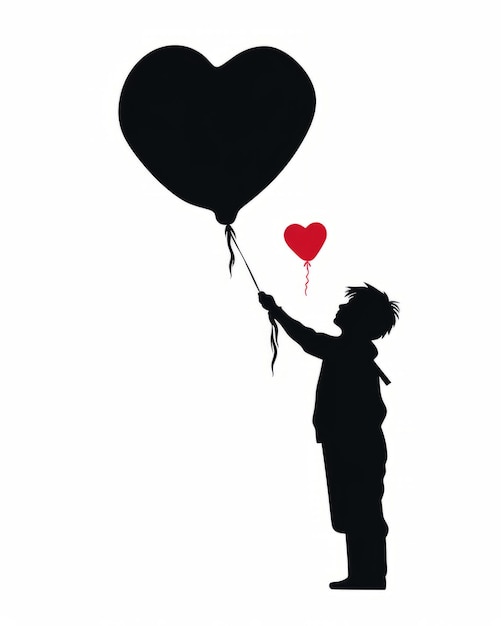 Silueta de un niño con un globo en forma de corazón.