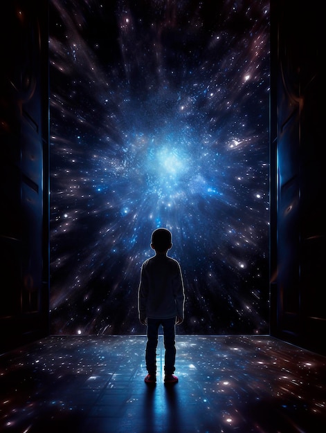 Foto silueta de un niño de pie frente a la puerta abierta al universo