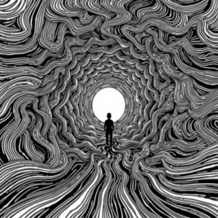 Silueta de un niño en un túnel abstracto en blanco y negro