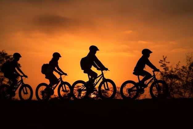 Silueta de niños asiáticos activos montando en bicicleta al atardecer