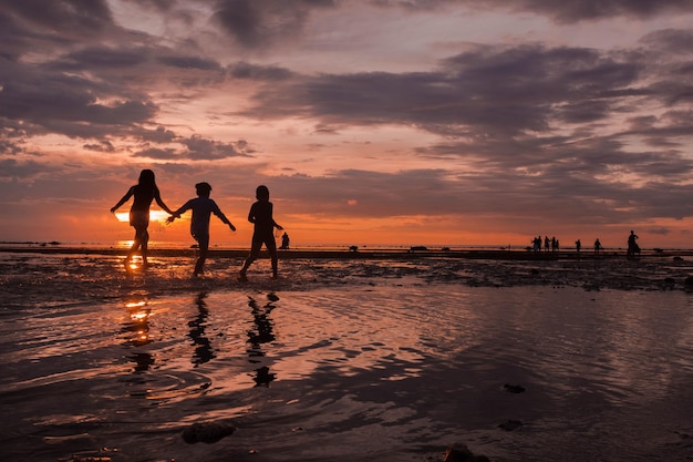 Silueta de niños jugando en la orilla en una hermosa puesta de sol