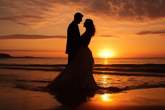 Silueta de la novia y el novio en la playa