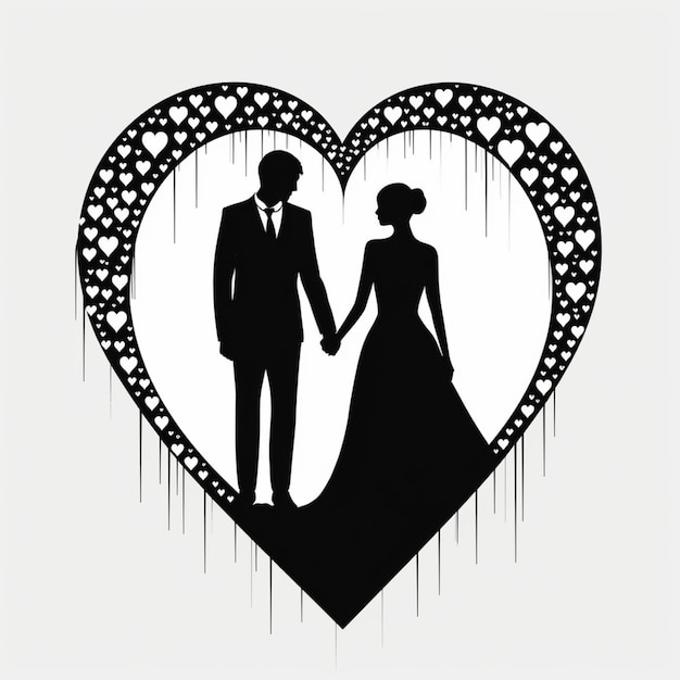 Foto una silueta de una novia y un novio tomados de la mano en un corazón generativo ai