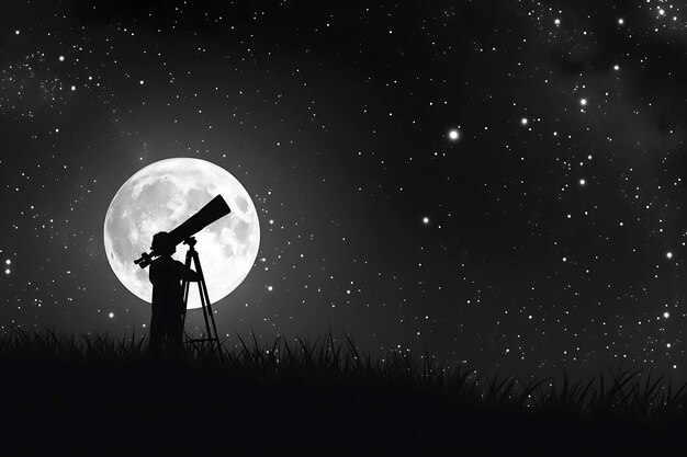 Silueta observando las estrellas a través de un telescopio