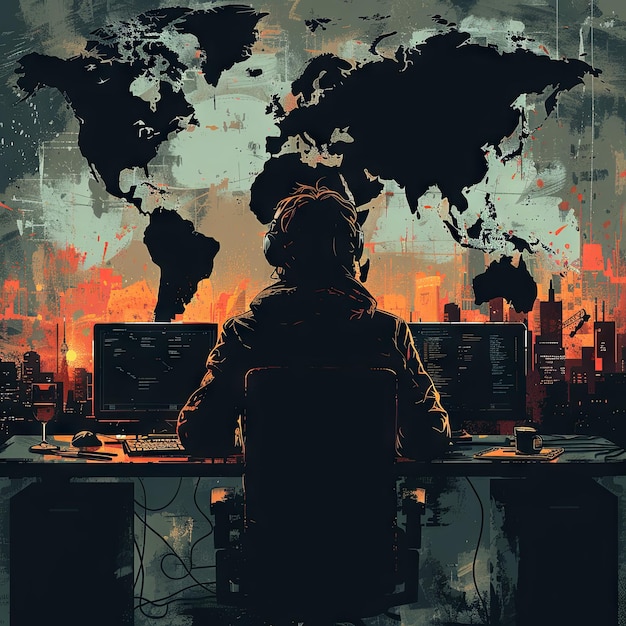 silueta oscura de hacker sentado en una mesa con computadoras y un mapa del mundo en el fondo ilustración para una foto de stock en el estilo del arte digital IA generativa