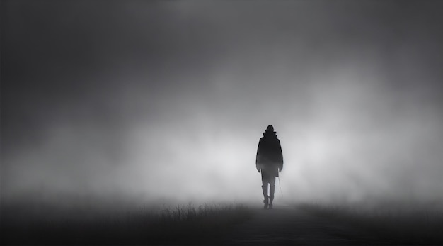 Silueta oscura de pie en la niebla caminando solo al aire libre por IA generativa