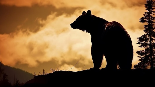 Foto una silueta de un oso en una colina al atardecer