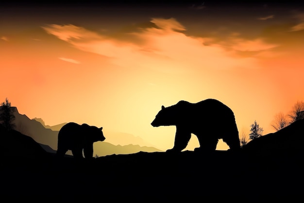 Silueta de un oso y un oso sobre un fondo de puesta de sol IA generativa