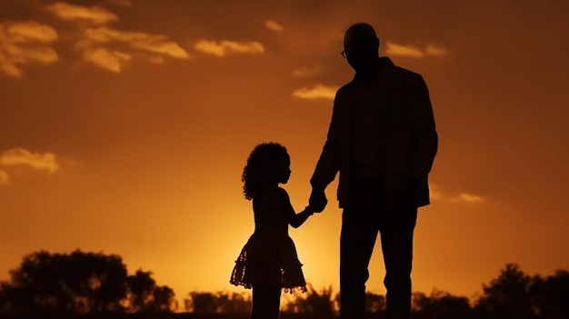 silueta, de, un, padre e hija, manos de valor en cartera