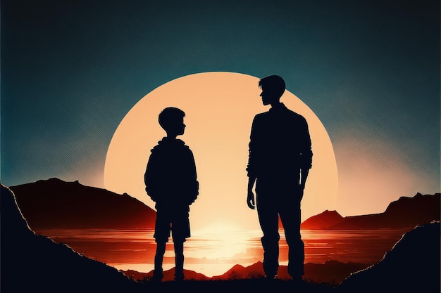 Silueta de padre e hijo de pie en la montaña mirando la salida del sol en el cielo ilustración de estilo de arte digital pintura concepto de fantasía de una silueta de padre e hijo