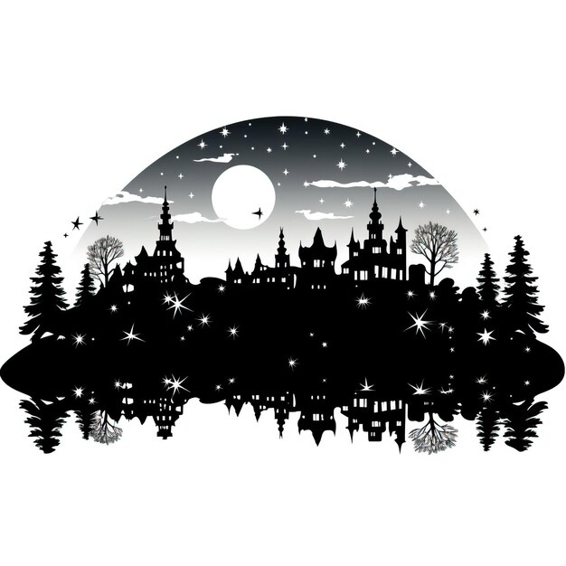 Una silueta del País de las Maravillas de Invierno icona negra ilustración estrellas fondo tarjeta de Navidad de año nuevo 2024