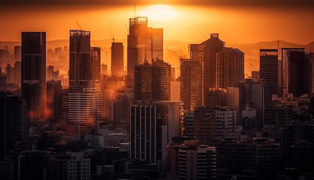 Silueta del paisaje urbano al atardecer rascacielos iluminados que reflejan la puesta de sol resplandor multicolor generado por inteligencia artificial