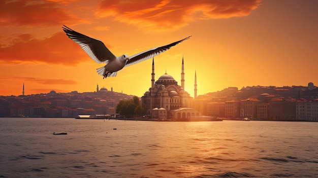 La silueta del paisaje urbano de Estambul, la gaviota, el dramático cielo al atardecer.