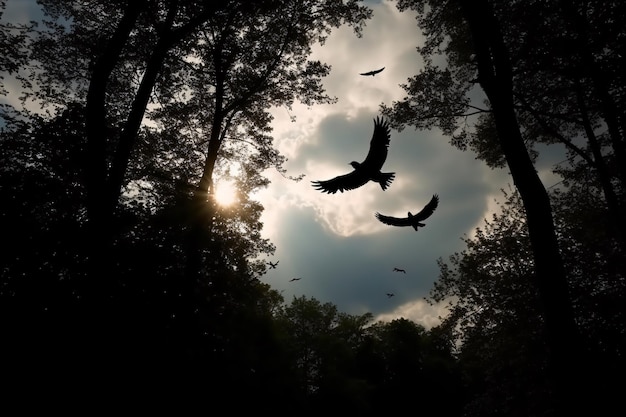 Silueta de un pájaro volando entre los árboles en medio del bosque