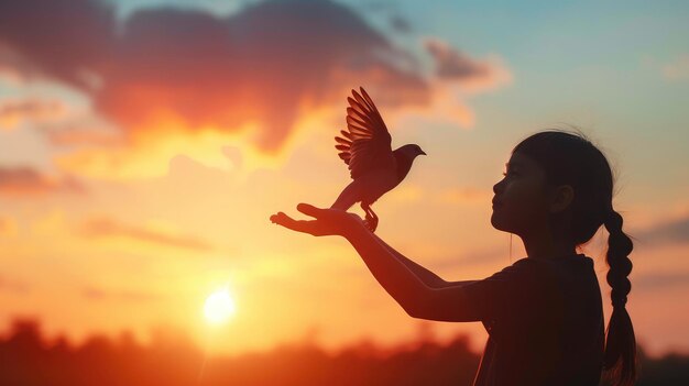 Foto silueta de un pájaro volando fuera de la mano de la niña en un hermoso fondo concepto de libertad día internacional de las mujeres trabajadoras39s