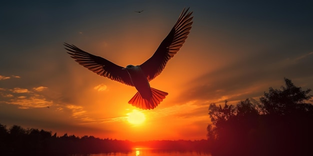 Silueta de pájaro volando sobre fondo de cielo naranja al atardecer IA generativa