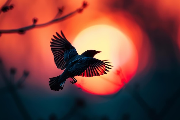 Silueta de un pájaro volando a través de una cálida puesta de sol brillante