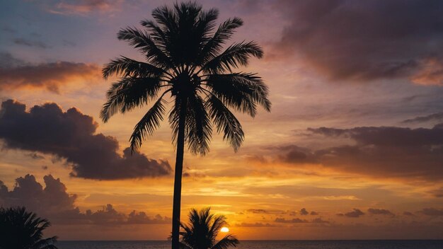 silueta de una palmera solitaria contra una puesta de sol subtropical