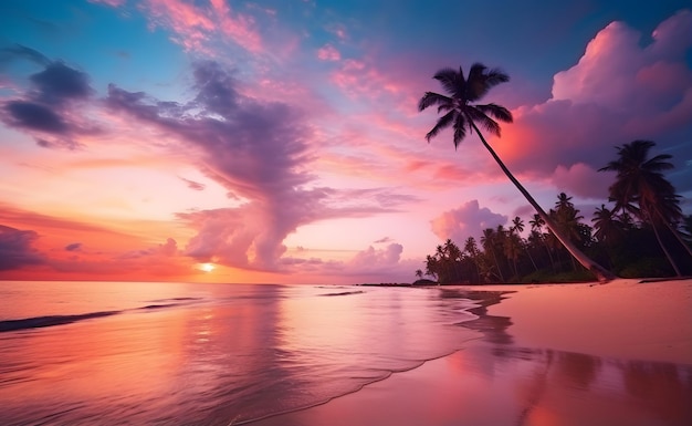 Silueta de palmeras de coco en la playa al atardecer