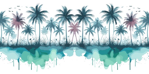 Silueta de palmeras con salpicaduras de acuarela bandera de verano tropical Ilustración vectorial