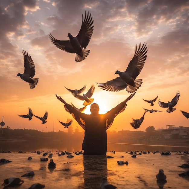 Foto la silueta de la paloma regresa a las manos en la luz del sol puesta de sol amanecer fondo día de la libertad gen ai