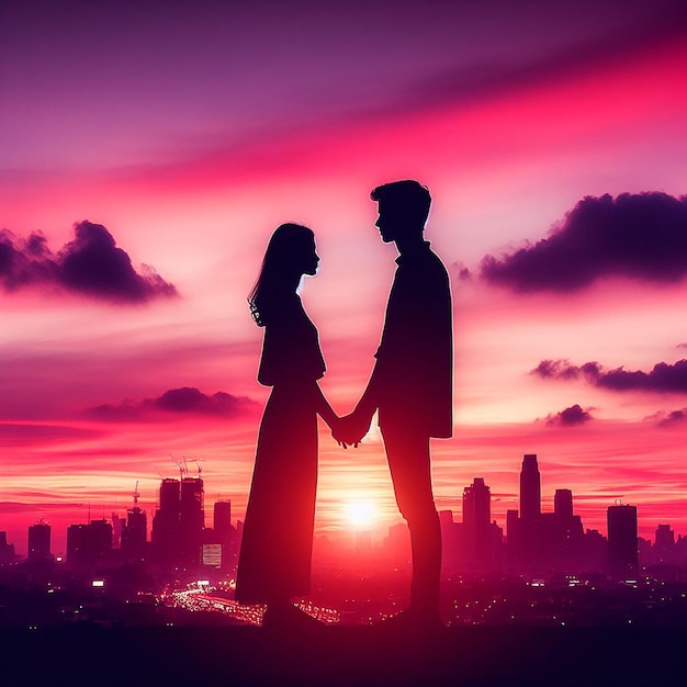 Silueta de una pareja de amor contra la puesta de sol de la ciudad