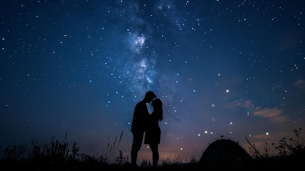 Silueta de una pareja con los brazos alrededor el uno del otro en un sitio de tienda mirando las estrellas