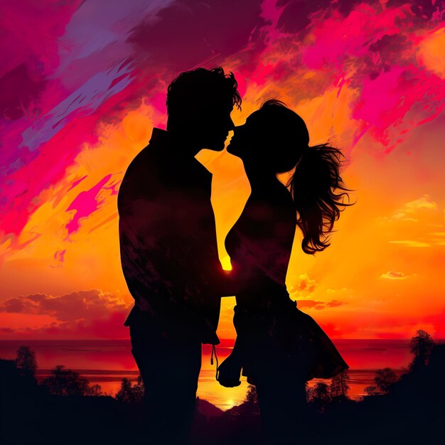 Silueta de una pareja compartiendo un beso contra una puesta de sol colorida Amor IA generativa