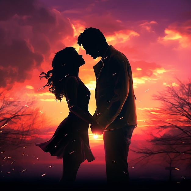 Foto silueta de una pareja compartiendo un beso contra una puesta de sol colorida generada por la ia