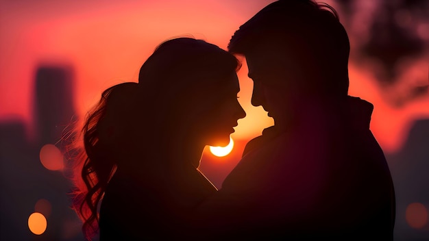 Foto silueta de la pareja contra la puesta de sol