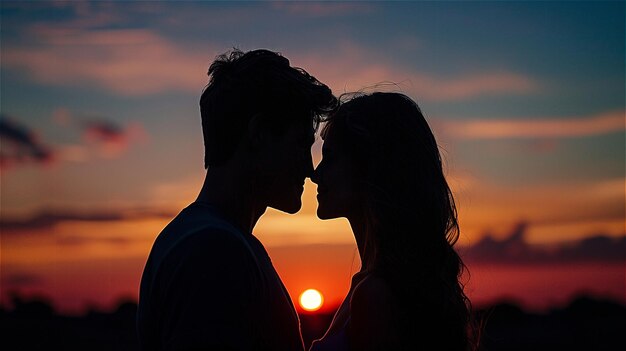 Foto silueta de una pareja enamorada al atardecer