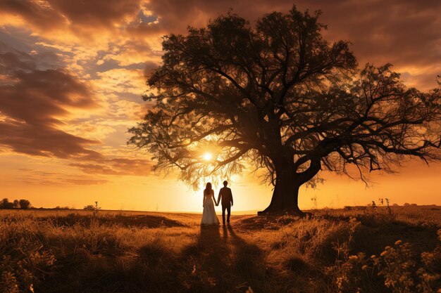 Silueta de una pareja enamorada bajo el árbol durante la puesta de sol