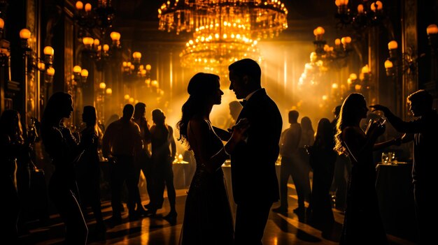 Foto silueta de una pareja enamorada en el baile a la luz de lámparas y velas generativa ai