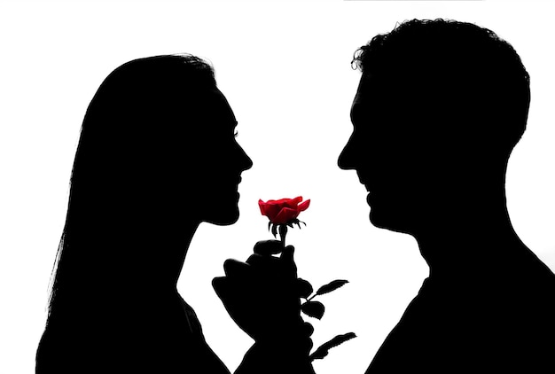 Silueta de pareja encantadora. Están de pie y sosteniendo una rosa roja.