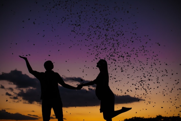 Silueta de pareja feliz con mariposas en puesta de sol