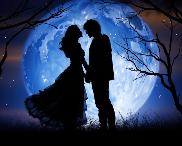 una silueta de una pareja frente a una luna azul con un fondo azul con una luna azul detrás de ellos