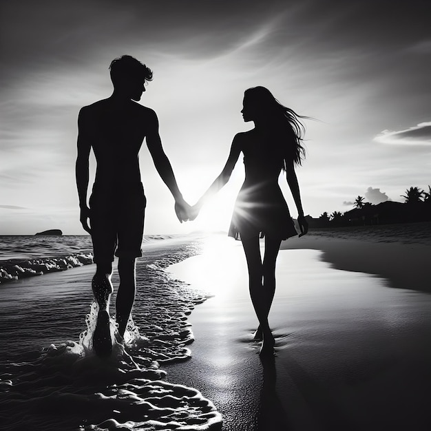 Silueta de una pareja joven en la playa