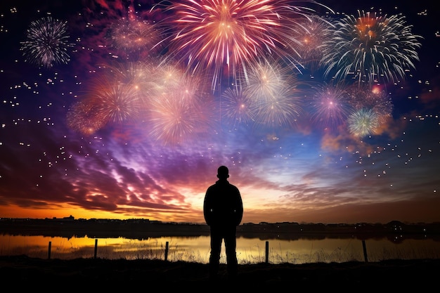 Una silueta de una pareja mirando los fuegos artificiales en el cielo IA generativa
