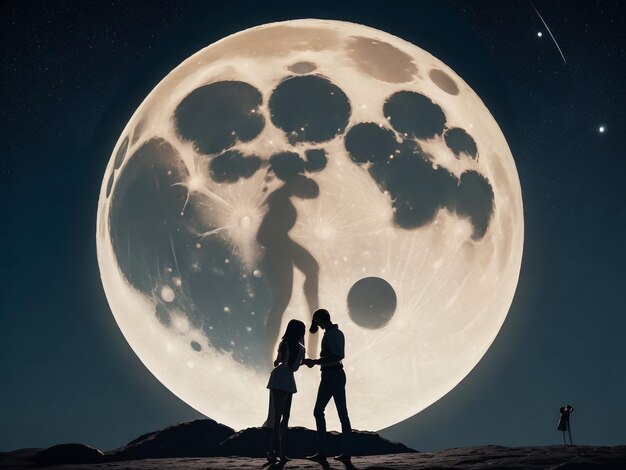 La silueta de una pareja mirando la luna llena y besándose.