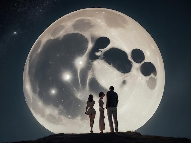 La silueta de una pareja mirando la luna llena y besándose.