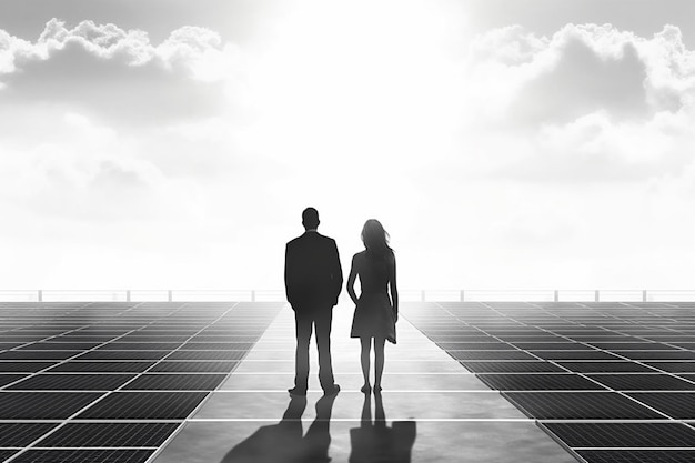 Silueta de pareja de negocios y paneles solares AI generativa