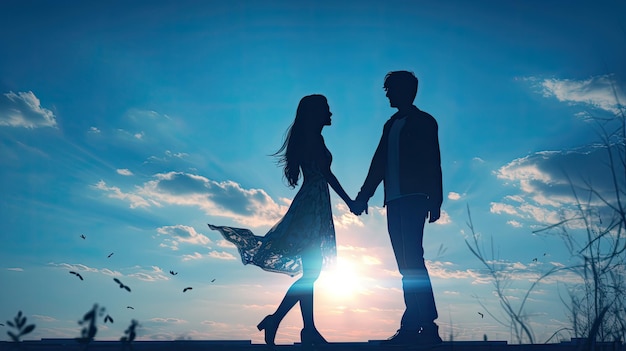 La silueta de una pareja de una pareja joven tomados de la mano contra un fondo de cielo azul