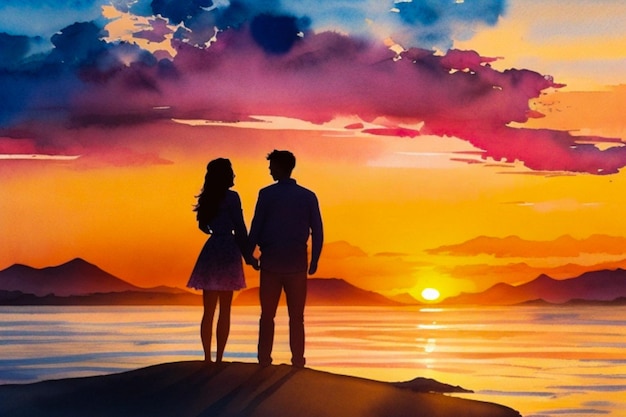 Silueta de una pareja de pie viendo una tranquila puesta de sol