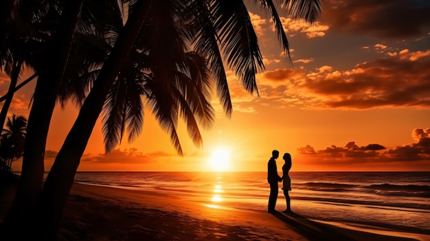 silueta, de, pareja romántica, en, ocaso, playa, trópico